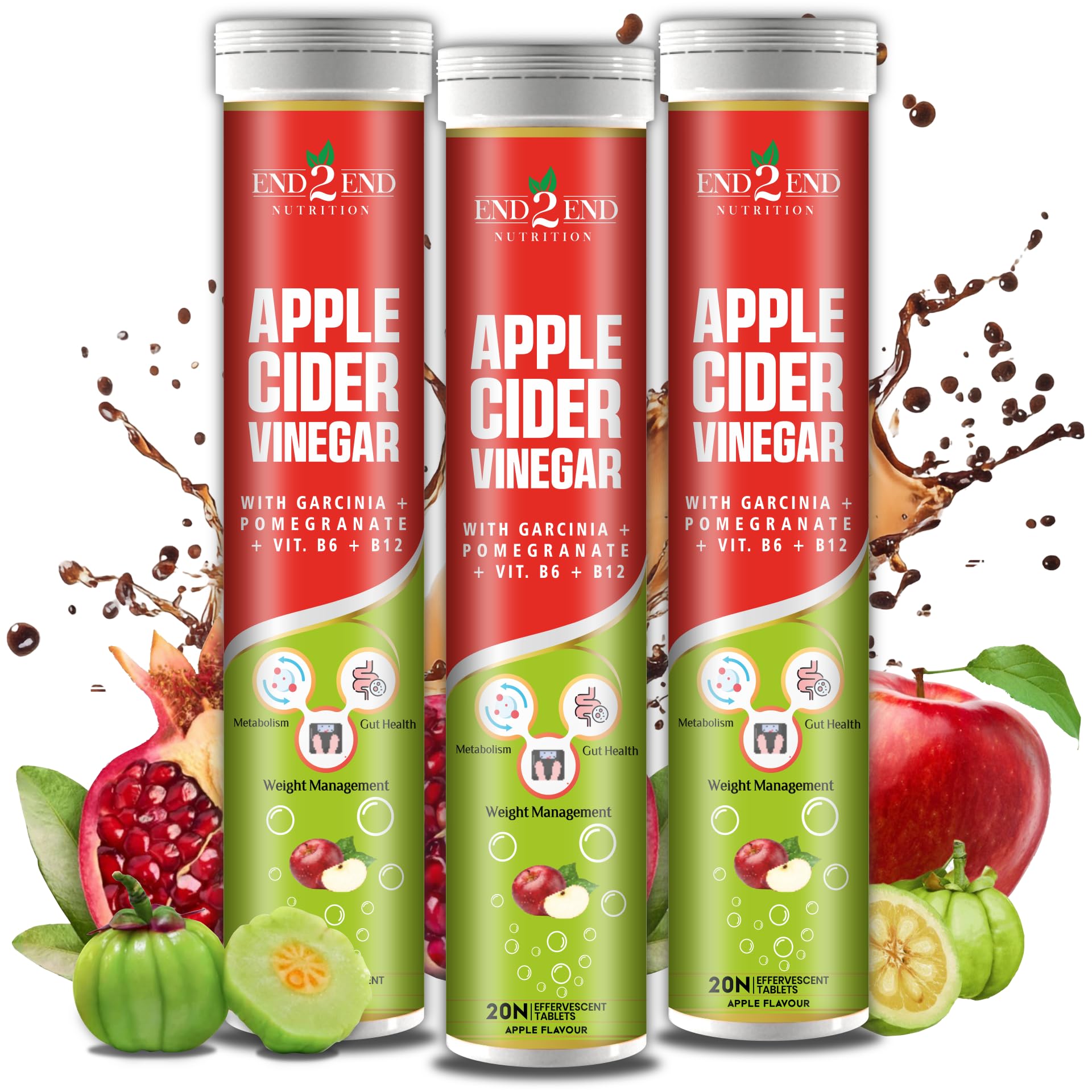End2End Nutrition Apple Cider Vinegar (ACV) Effervescent tablets with the Mother Vinegar for Women and Men | Skin Health, Gut Health, Weight Management and Immunity Booster - (Pack of 3) 60 Tablets