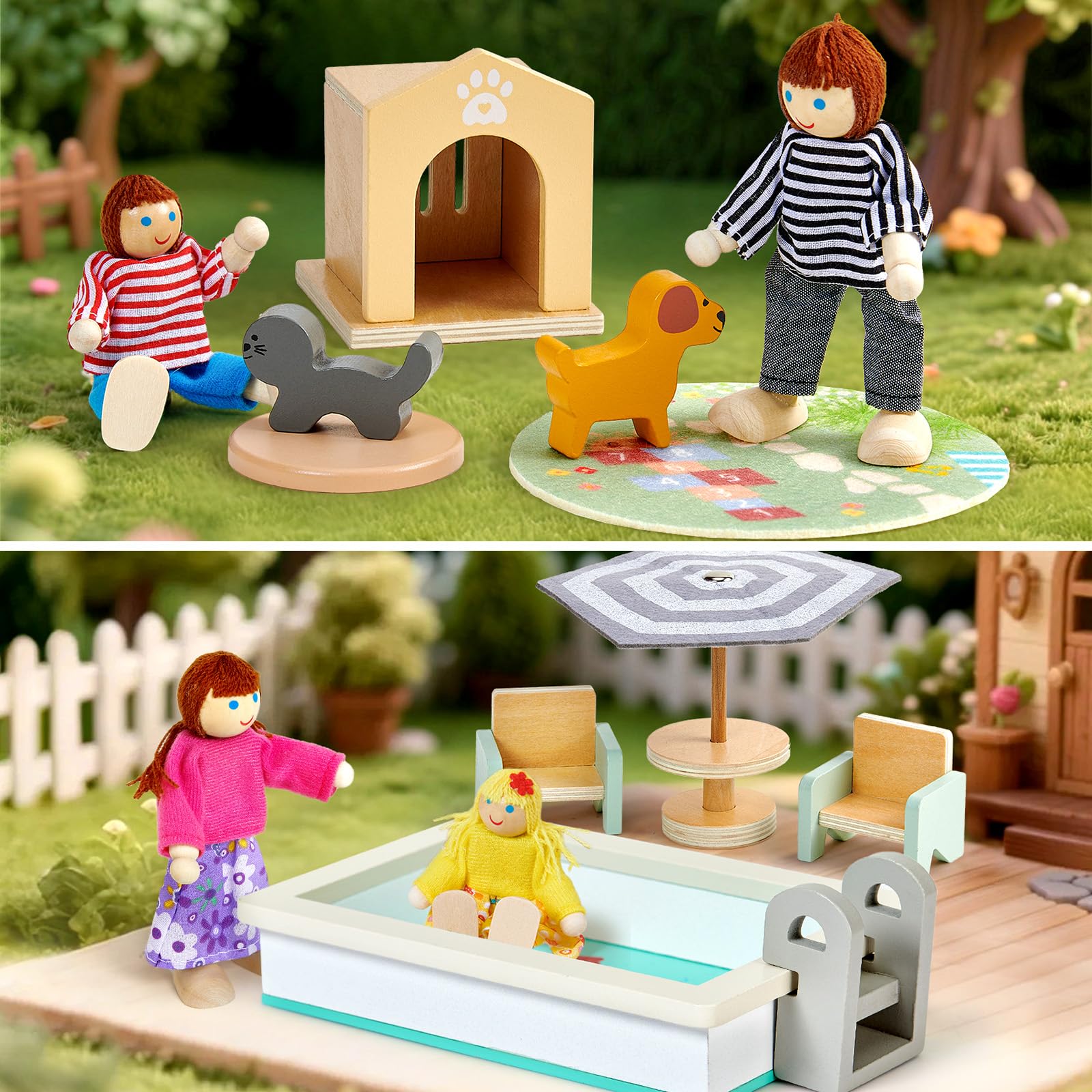 Atoylink 26 PCS Mobili in Legno per Casa delle Bambole con 4 Bambole, Accessori, Regalo di Compleanno per Bambini 3-6 Anni