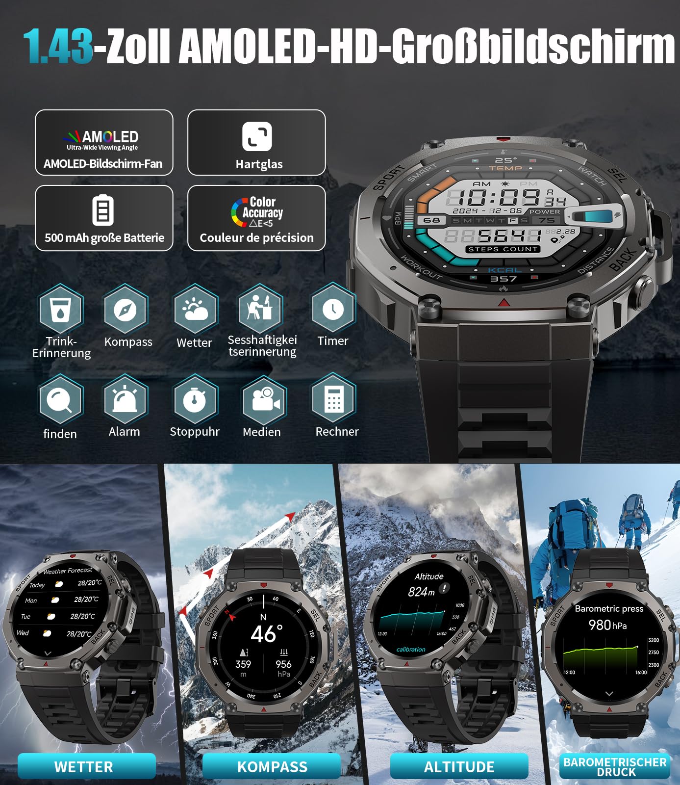 LIGE GPS Smartwatch Uomo DM3, Corpo in Acciaio Inox,5ATM Impermeabile Orologio Fitness con 110+ Modalità Sport/24H Monitoraggio,500mAh,AMOLED,Chiamate Bluetooth Orologio Militare Uomo per Android iOS