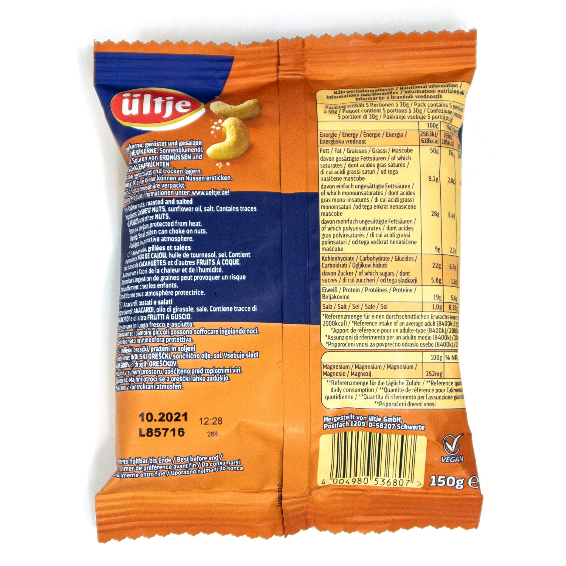 ültje - 12er Pack Cashews geröstet und gesalzen 150 g Packung - Cashewkerne Cashew süßlich mildes Aroma
