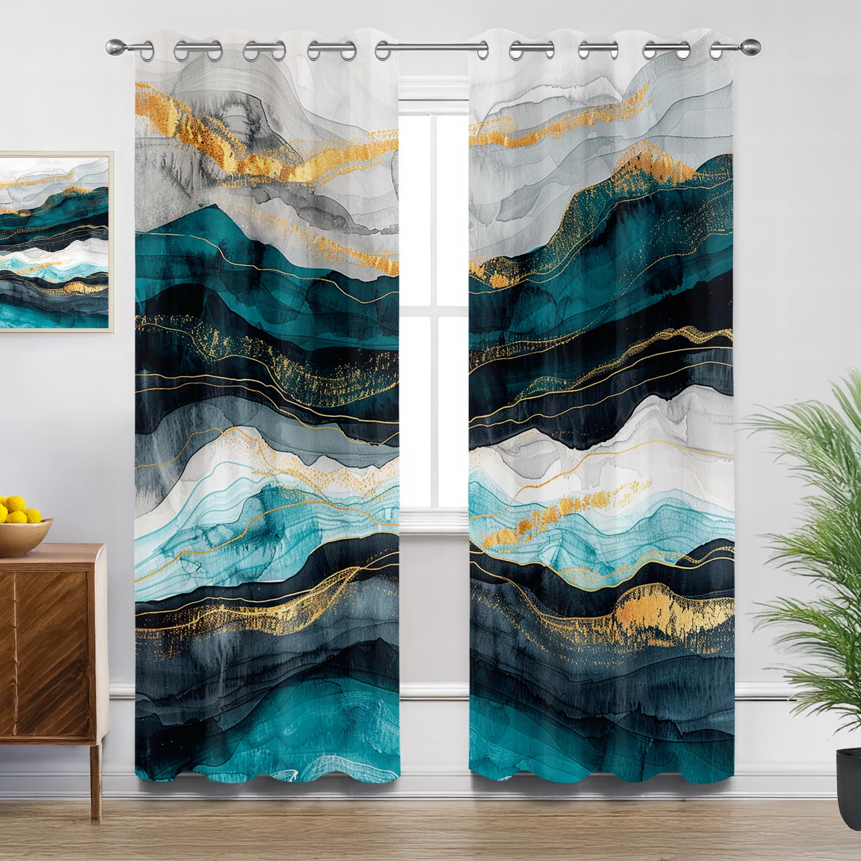 Watercolor Eyelet Curtains - Teal Abstract Modern Mountain Blackout Curtains for Living Room Bedroom, Thermal Insulated Soundproof Short Curtain, W66 X D54, 2 Panels Drapes Room Decorations