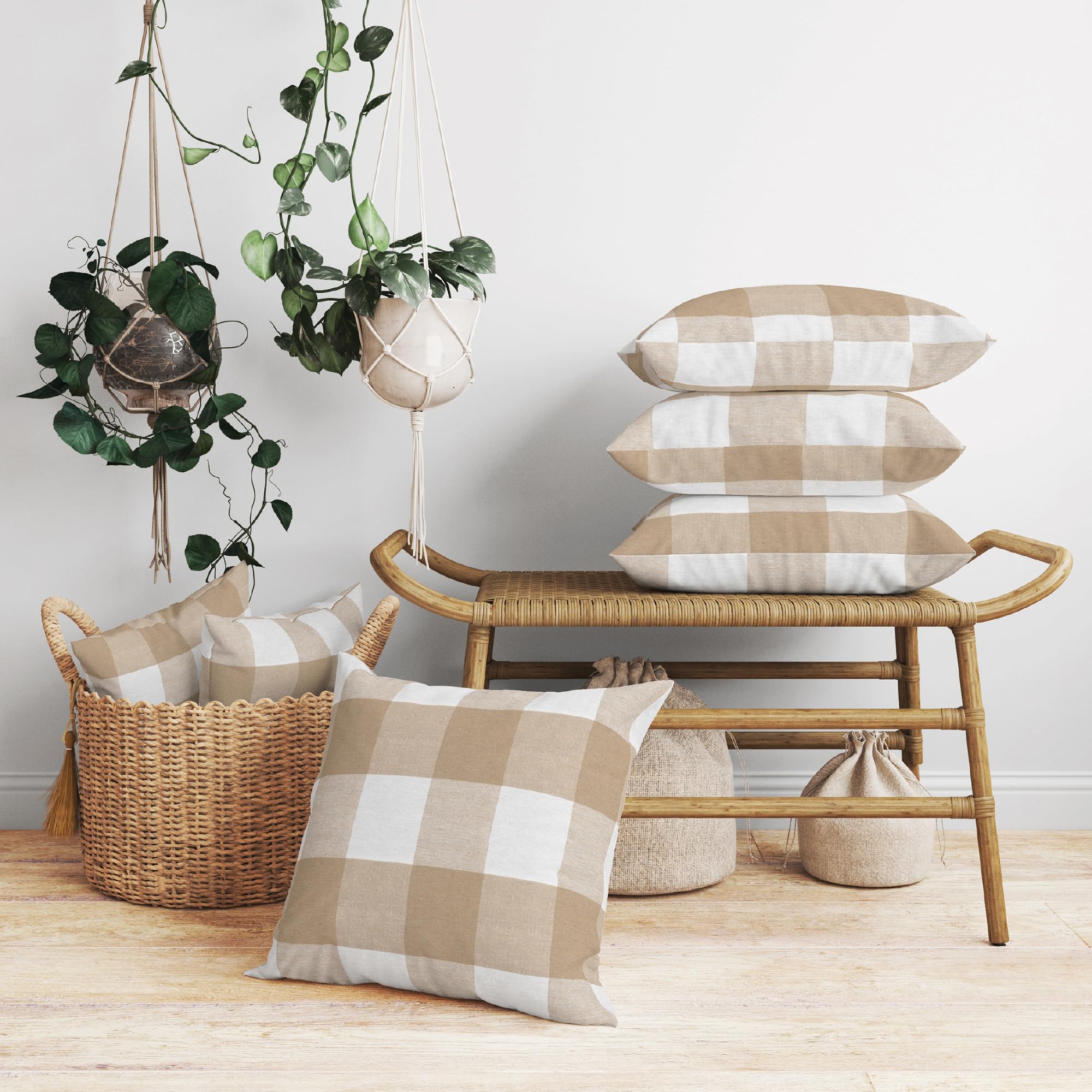 Juego de 2 fundas de almohada de granja de 18 x 18 pulgadas con cuadros beige búfalo, fundas de cojín decorativas sin relleno, fundas de almohada a cuadros y rayas para sala de estar, sofá 6