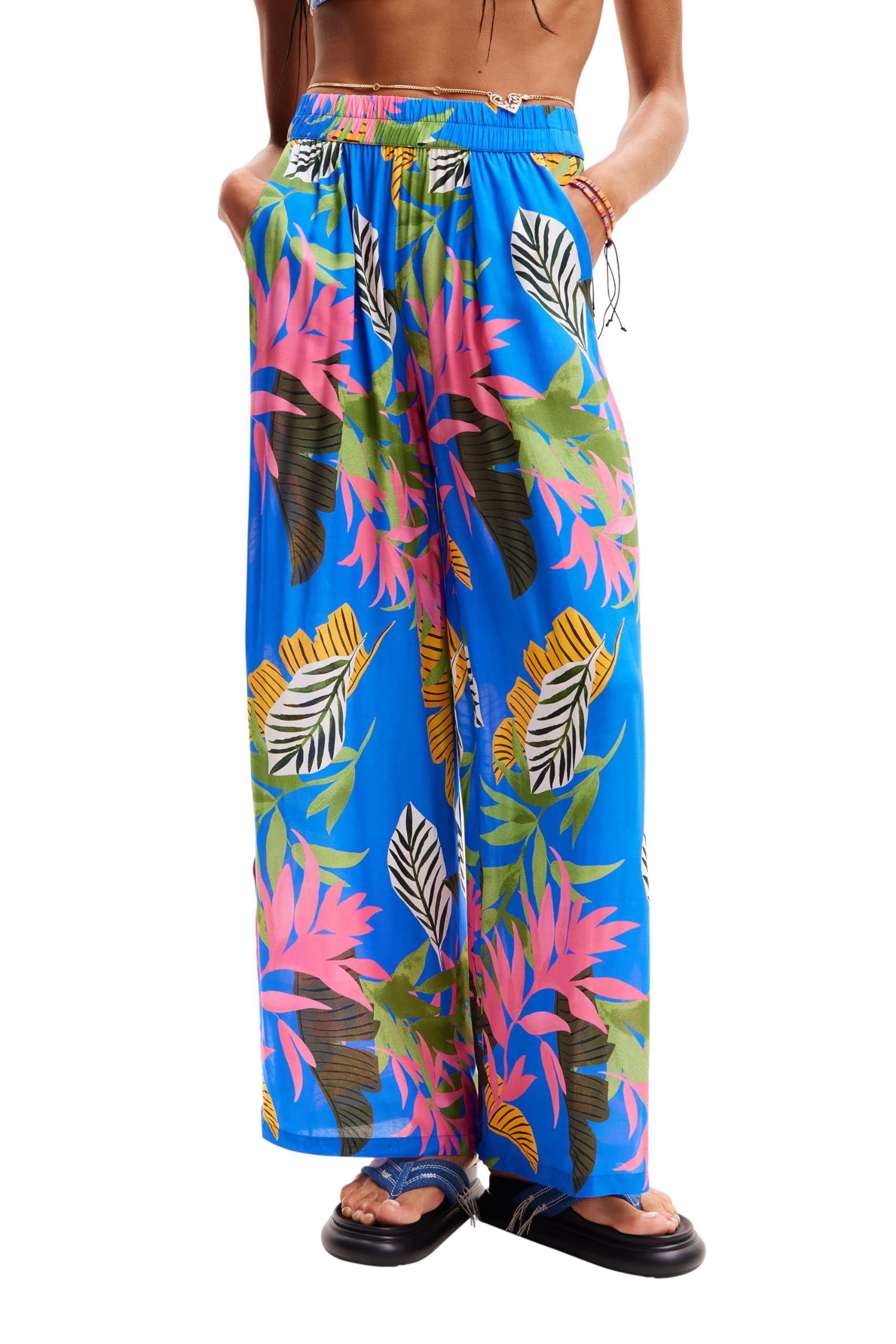 Desigual Damen Blau Tropische Hose Wide Leg Fit, Viskose, Xl