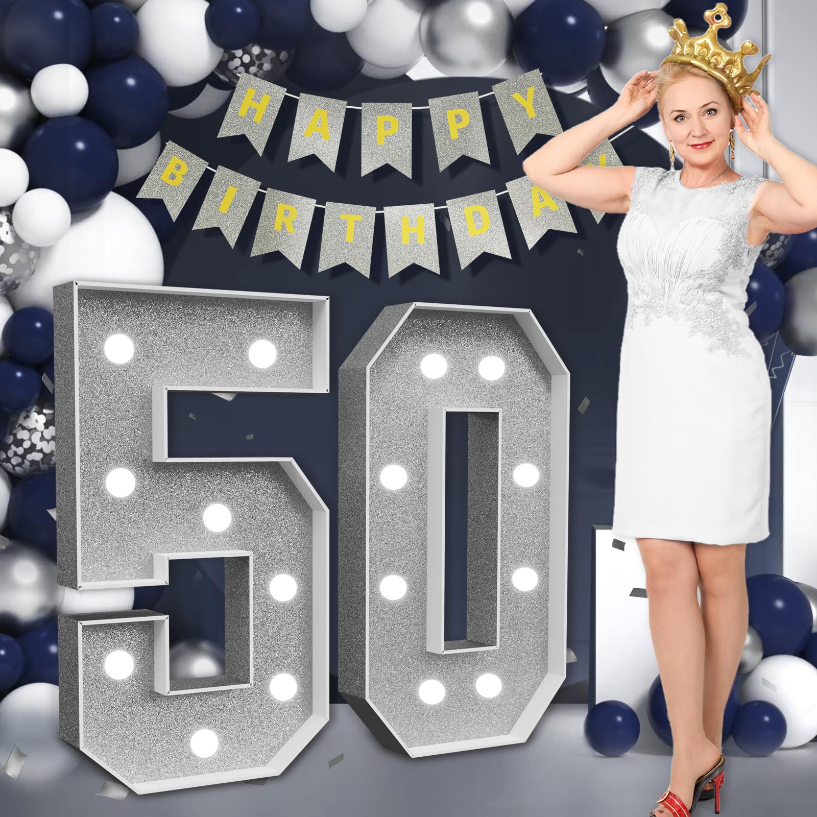 Marquee Numbers Silver 50th-Birthday Decorations: Large 3ft Light Up Number Grey 50 Birthday Decoration for Women Men Fifty Year Old Anniversary Party