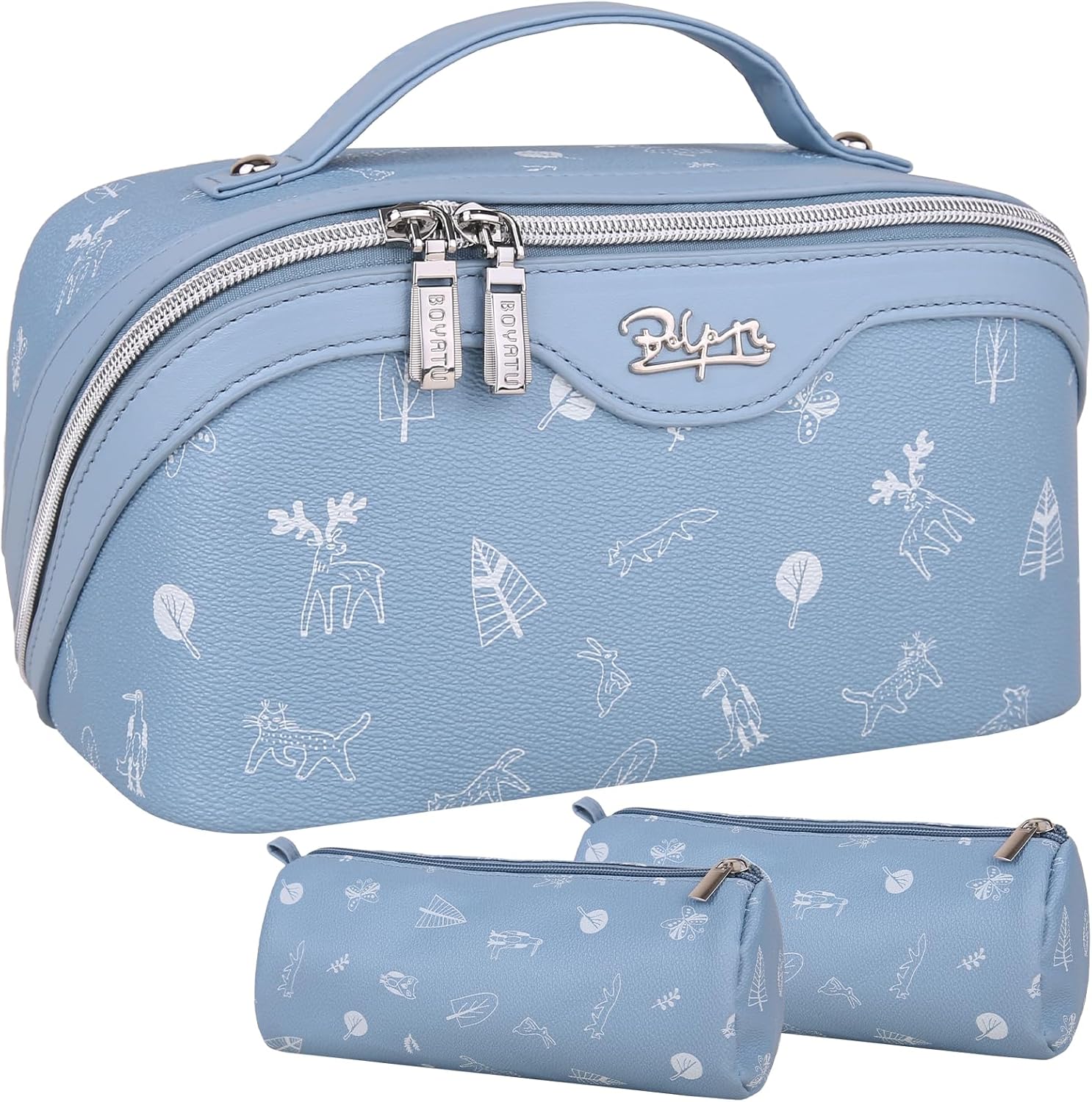 BOYATU Travel Makeup Bag Cosmetic Bags for Women: 3 Pcs Set Portable Make up Bag with Handle - Vegan Leather Toiletry Bags with Compartments - Makeup Organizer for Travel Essentials(03-Blue)