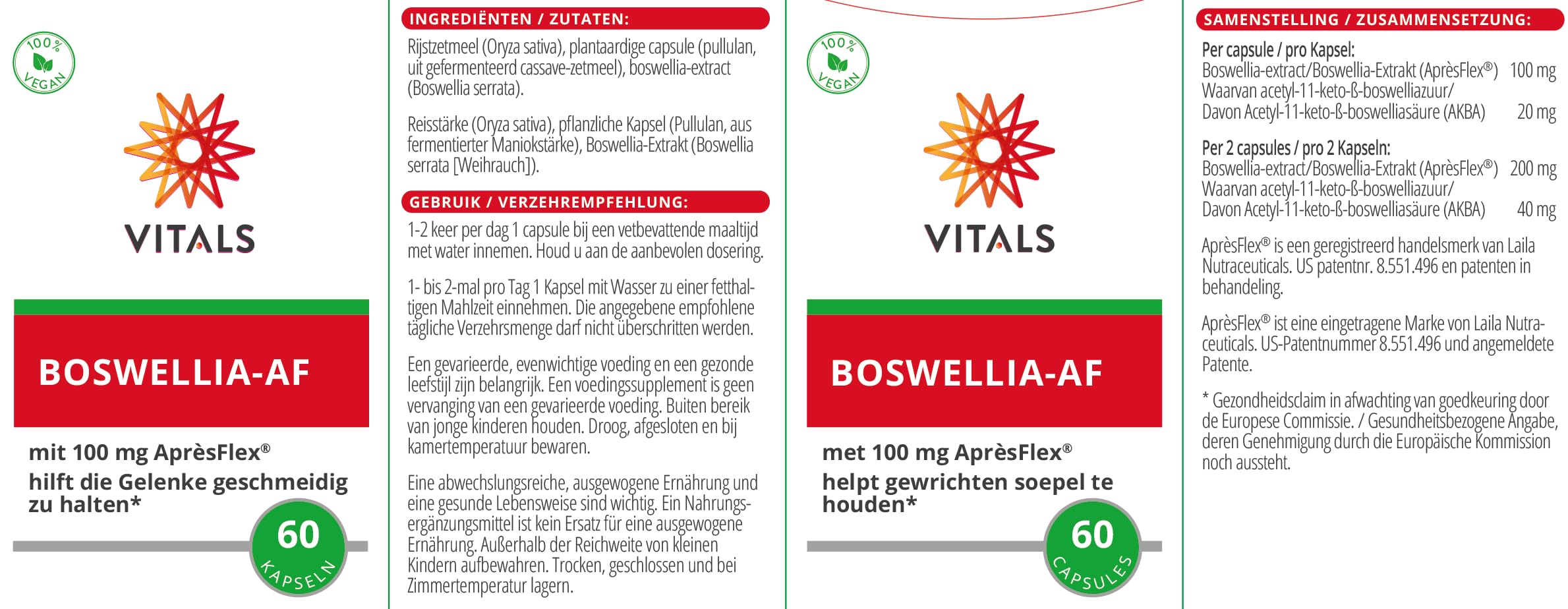 Vitals Boswellia AF - 60 Kapseln, vegan. Für bewegliche Gelenke. Mit 100mg Aprèsflex aus Boswellia serrata.