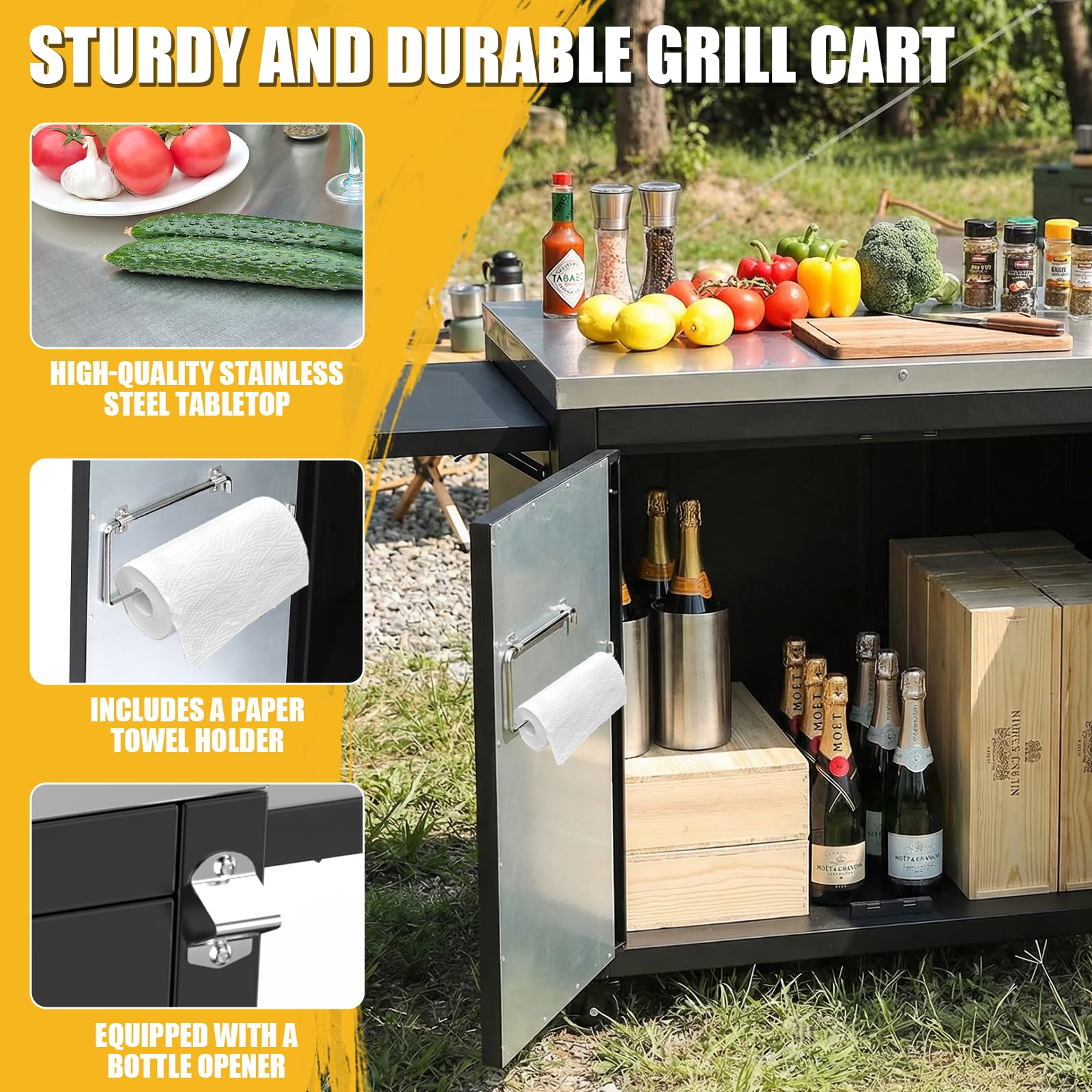 GFTIME Carrello da cucina per esterni, 89,9 x 65 x 91,9 cm, con piano di lavoro in acciaio inox, 2 ripiani laterali pieghevoli, 2 ante e ruote, carrello da portata mobile per barbecue, giardino