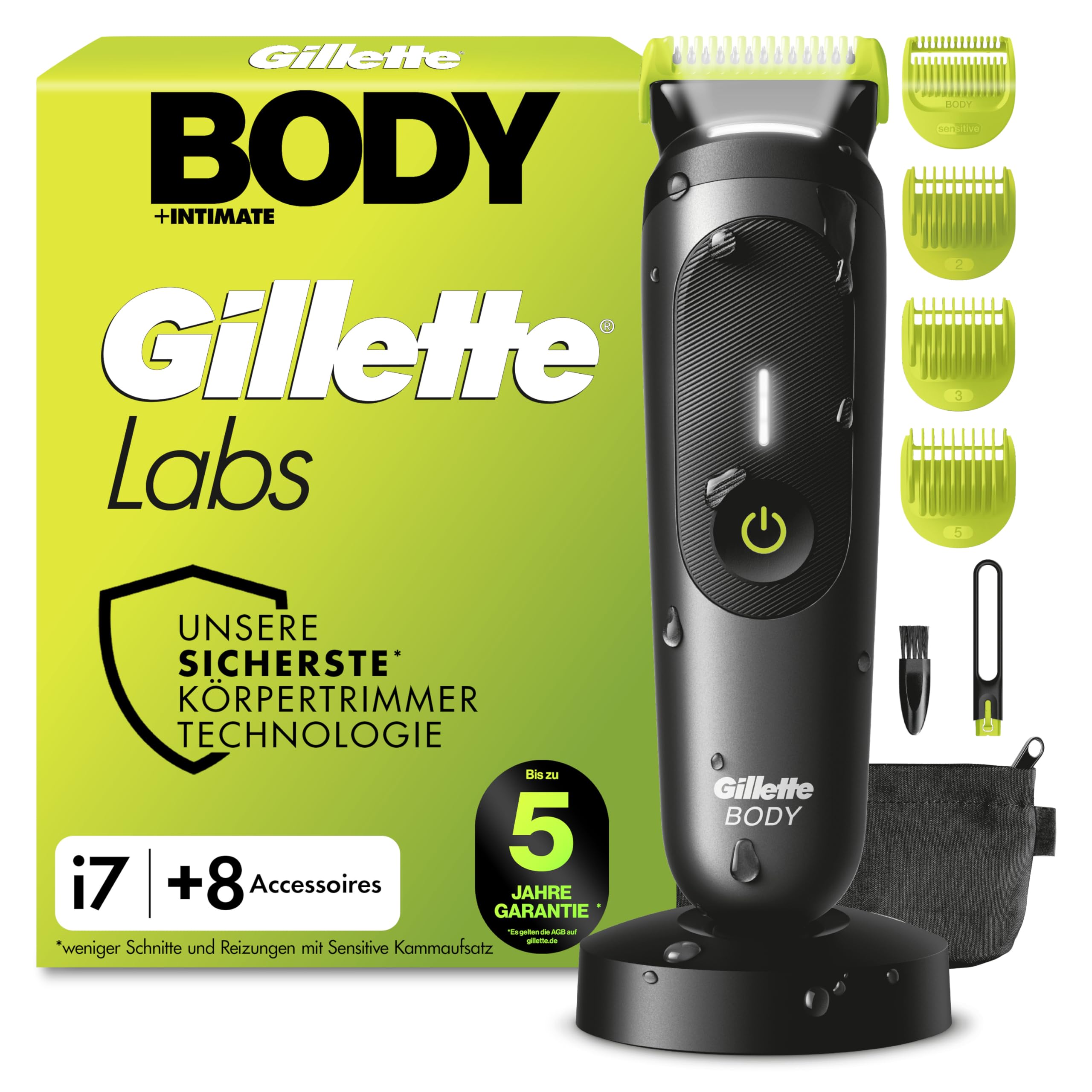 Gillette Labs i7 Body + Intimate Trimmer Herren, Schwarz/Grün, Intimrasierer Mann für Körper Und Intimbereich mit SkinFirst-Technologie, Wasserdichte, Inkl. LED-Licht, Duschhalterung und Ladeständer