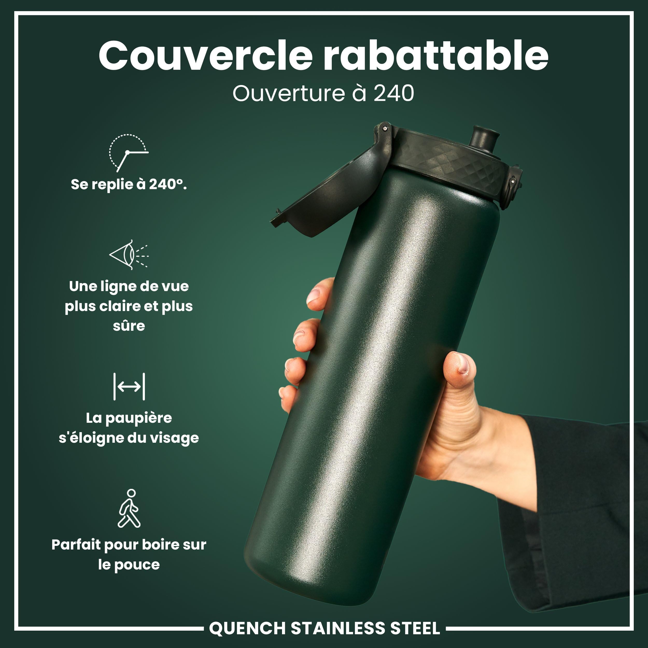 ION8 Gourde Inox Léger 1 Litre, Non Isolé, Anti-Fuite, Facile à Ouvrir, Verrouillage Sécurisé, Lavable au Lave-Vaisselle, Poignée de Transport, Acier Inoxydable, 1200ml, Bleu