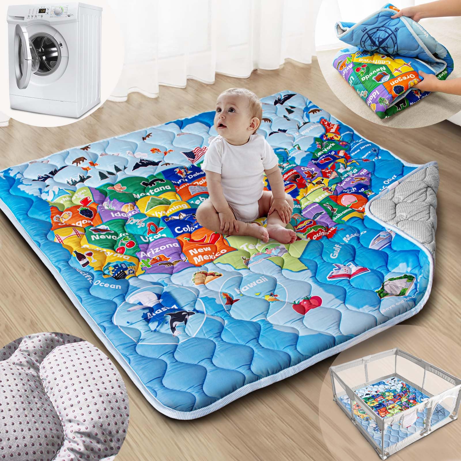 Beavtaens Baby Play Mat, 50x50 Playpen Mat with Super Soft Touch, Thick Activity Mat with Upgraded Anti-Slip Bottom, Machine Washable Crawling Mat for