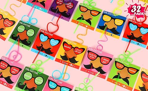 Tarjetas del día de San Valentín para la escuela de niños, juego de 32 tarjetas de intercambio de regalos del día de San Valentín, pajitas locas a