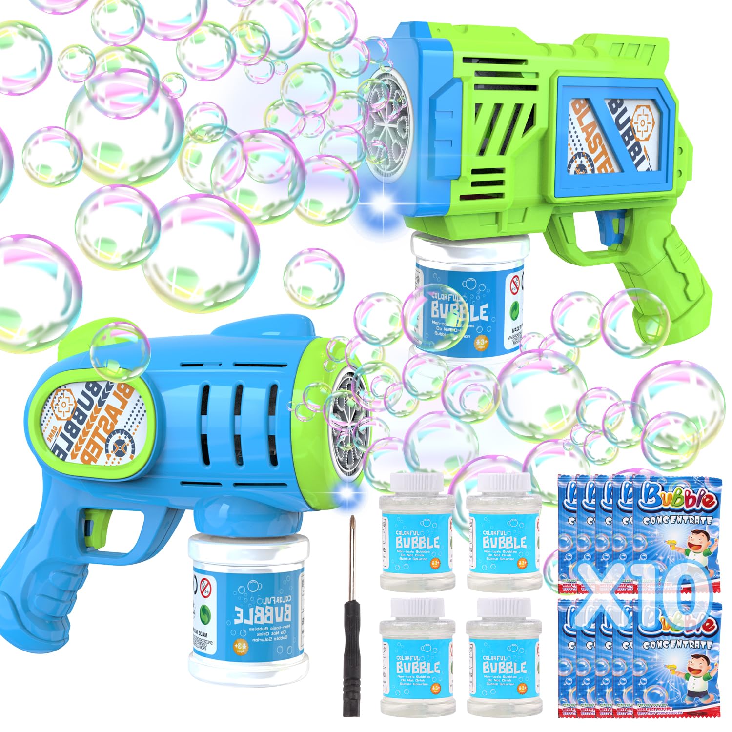 2 Pack Bubble Gun Machine for Kids, Automatic Light Up Bubble Blower with 4 Bottles 10 Bags Refill Solution Bubble Guns Blaster for Toddlers, Outdoor Toys Gifts Wedding Easter Party Favor