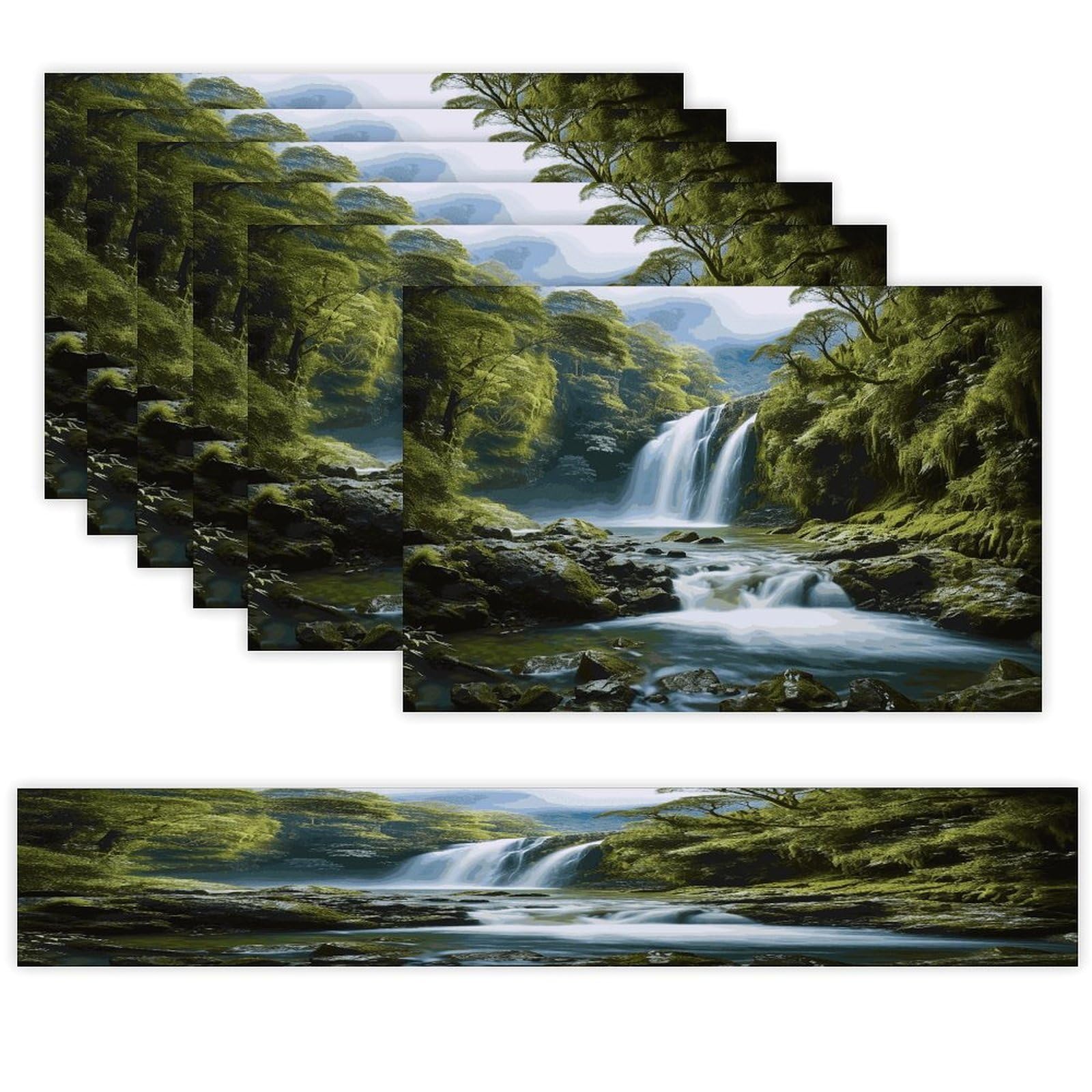 Waterfall Landscape Painting Table Runner and Placemats Set of 6 Wipe Clean Heat Resistant Table Mat with Table Runner Decorations Flax Linen Place Mat Set for Home Kitchen Party Supplies