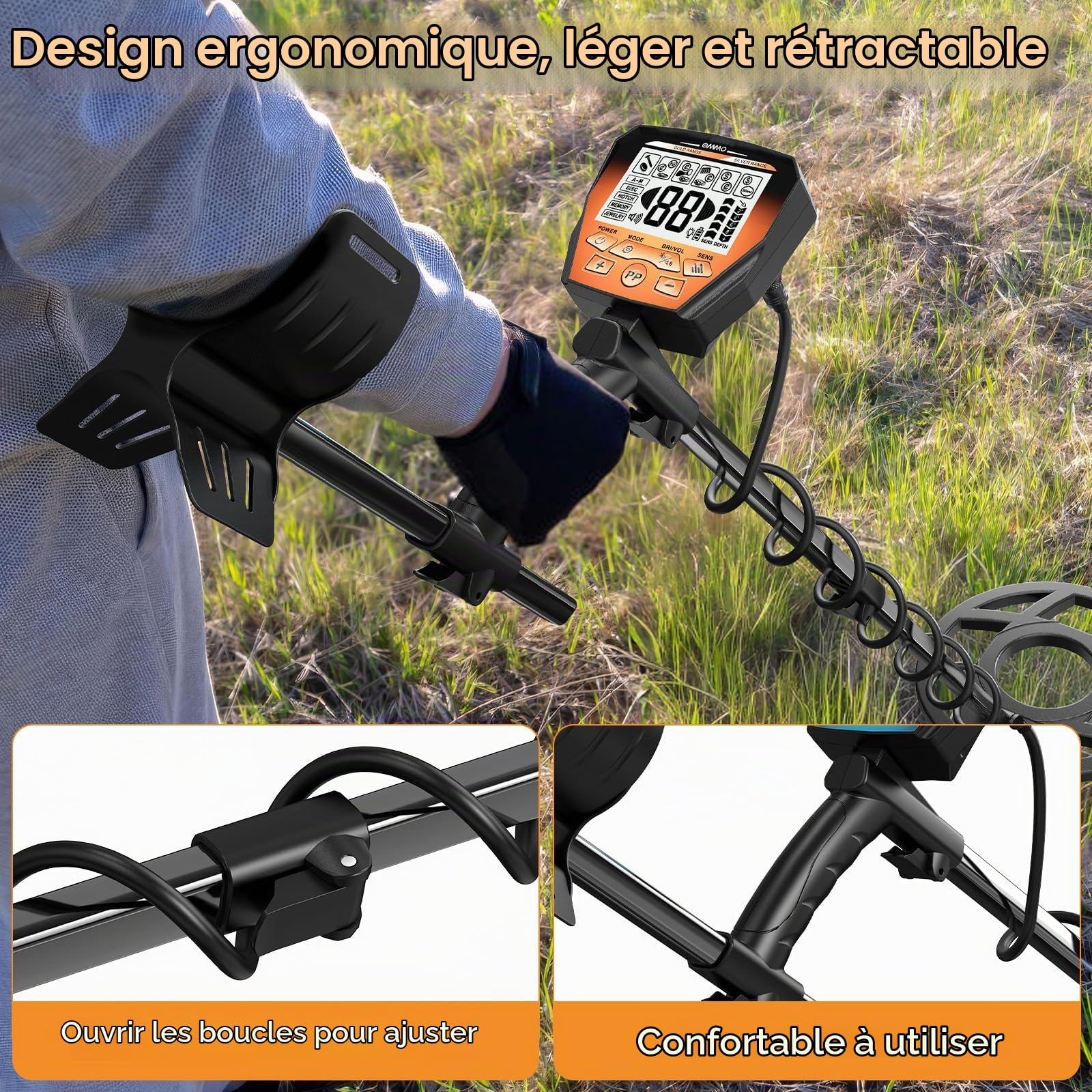 OMMO Détecteur de Métaux Professionnel pour Adultes, Orange | Rechargeable USB, 6 Modes, Haute Précision, IP68 Bobine Étanche avec Pelle