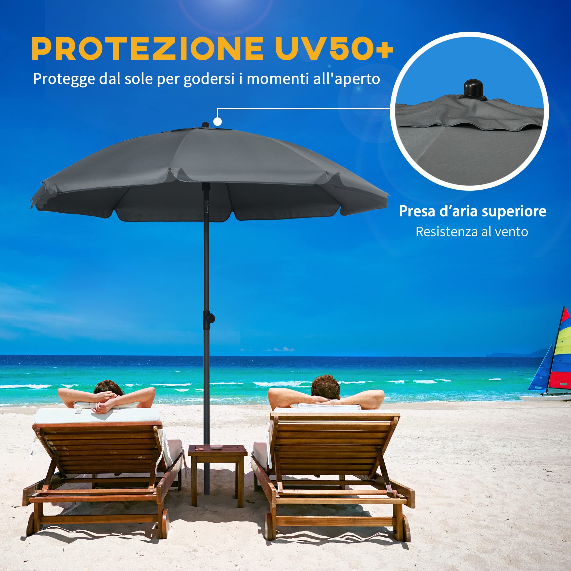 Outsunny Ombrellone da Spiaggia Ø1.8x2 m con Tettuccio Reclinabile a 45°, Ombrellone da Esterno con 8 Stecche e Design a 2 Sezioni in Acciaio e Poliestere 160g/㎡, UV50+