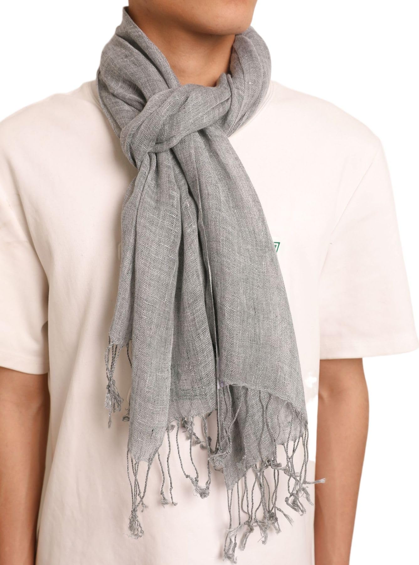Prettystern long Plain uni-Colour Summer Casual leisure Fringed Linen Men's Scarf - T35 light blue grey