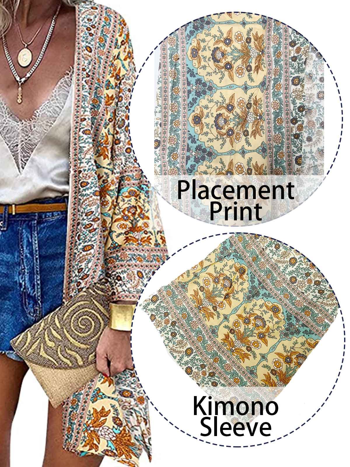 Yutdeng Kimono Cardigan Donna Vintage Bohémien Manica Lunga Sciolto Estivo Casual Cover Up Bikini Stampa Floreale Leggero Copricostume Abito da Spiaggia Beachwear