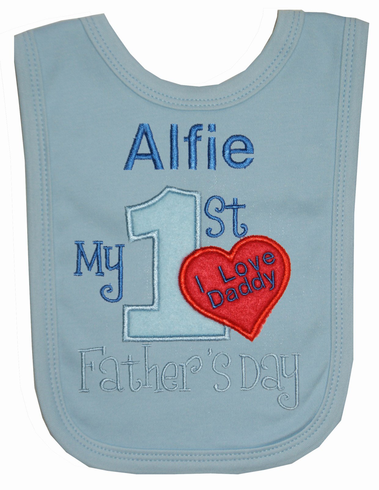 Boys 1st Fathers Day I Love Daddy Personalised Bib Handmade in The UK with Embroidered Name. (Blue)