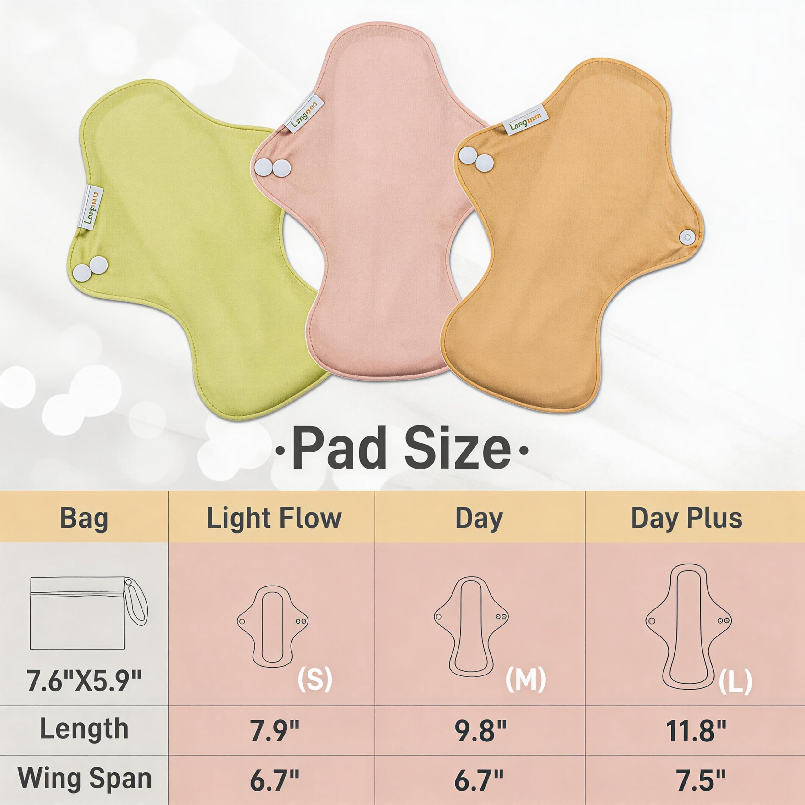 Langsprit Cotton Reusable Period Pads for Women, Washable Pads Menstrual, Regular Absorbency Cotton Cloth Menstrual Pads 3pcs Set with Mini Wet Bag, Suitable for Menstrual Period