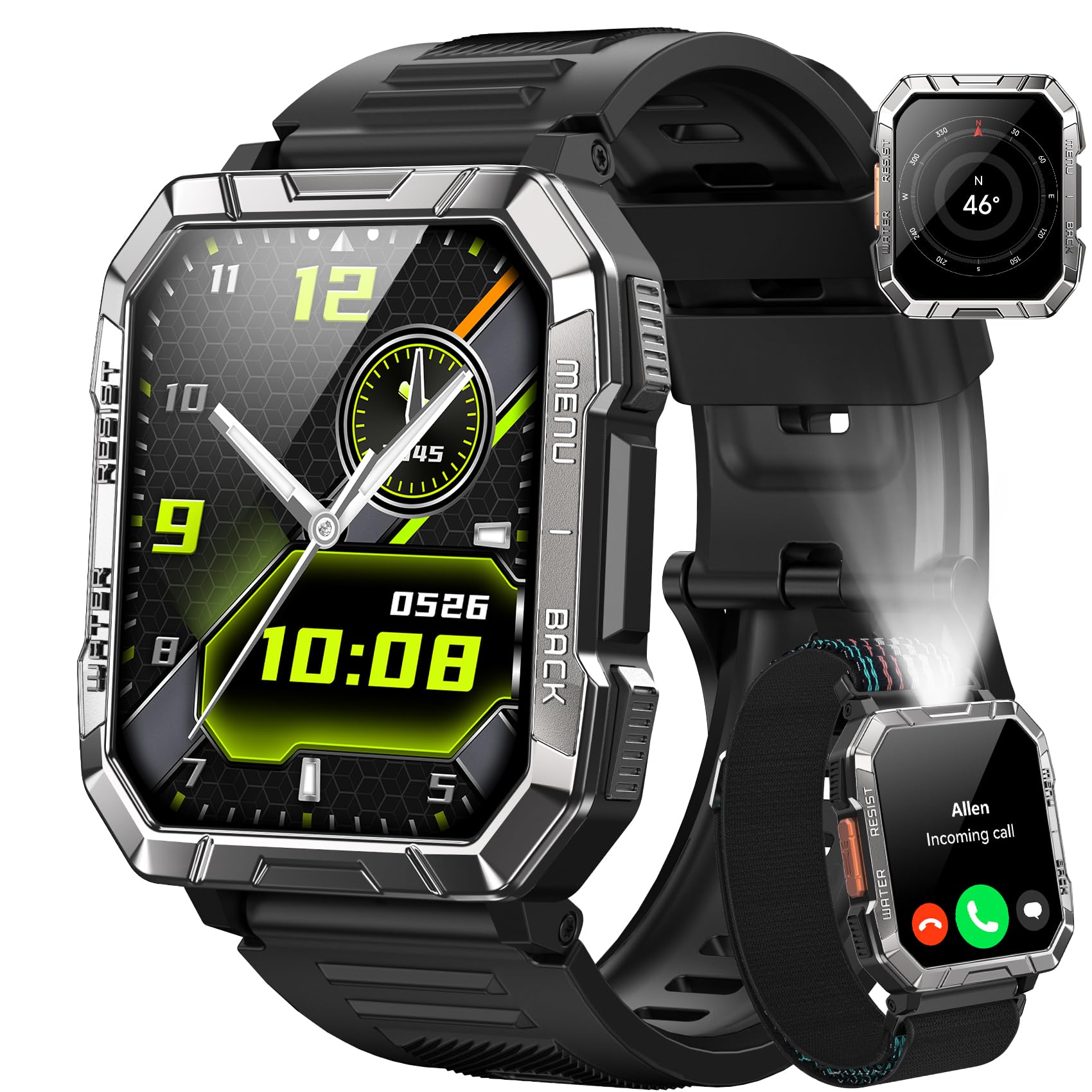 Blackview Montre Connectée Homme Militaire, Torche LED SOS & Boussole, 100j d'autonomie 960mAh, Appel Bluetooth, Podomètre, Suivi Santé 24h, 120+ modes sport, IP68, antichoc, iOS & Android compatibles