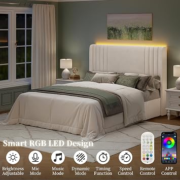 Sibeds 4ft6 Double Bed Frame, Underbed Storage, LED Lights, Velvet Cream