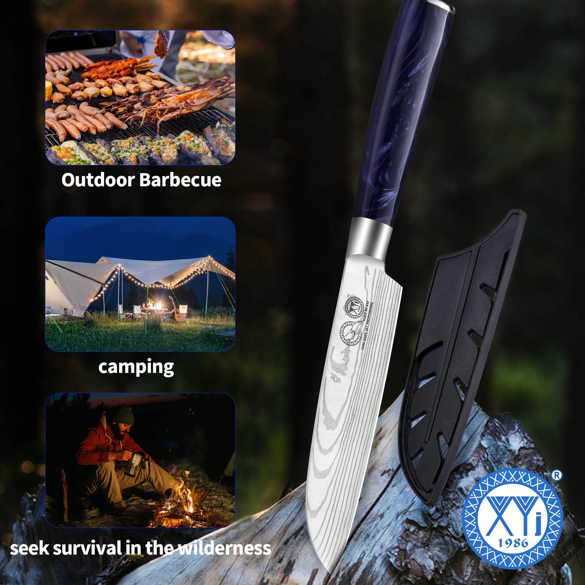 XYJ Coltello da Cucina Professionale, Coltello Santoku Giapponese da 5 Pollici in Acciaio Inossidabile, Motivo Laser Damacus, Coltello da Carne per Cucina, Campeggio e BBQ, Coltello con Coperchio