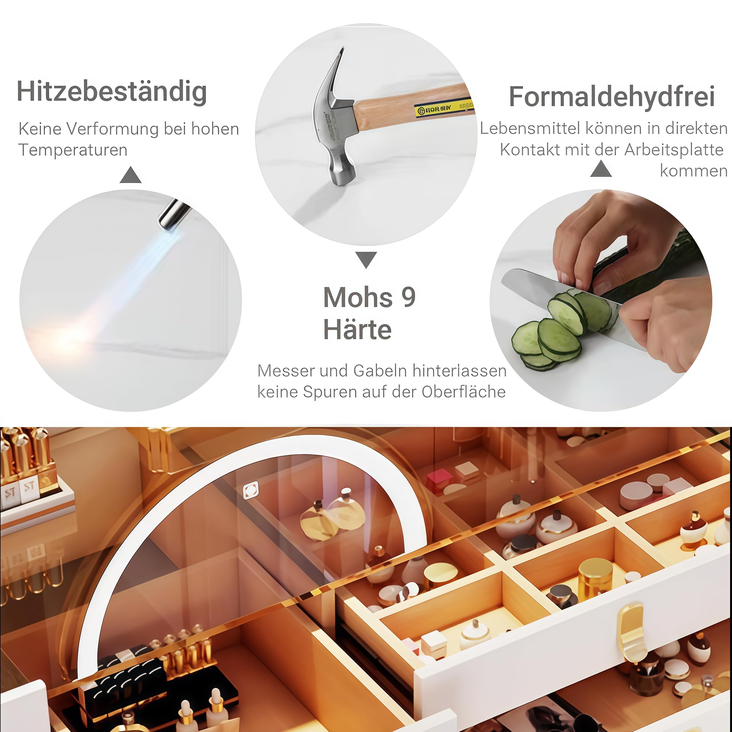 Schminktisch mit LED-Beleuchtung, Spiegel, 6 Schubladen, Weißes Schminktisch-Set