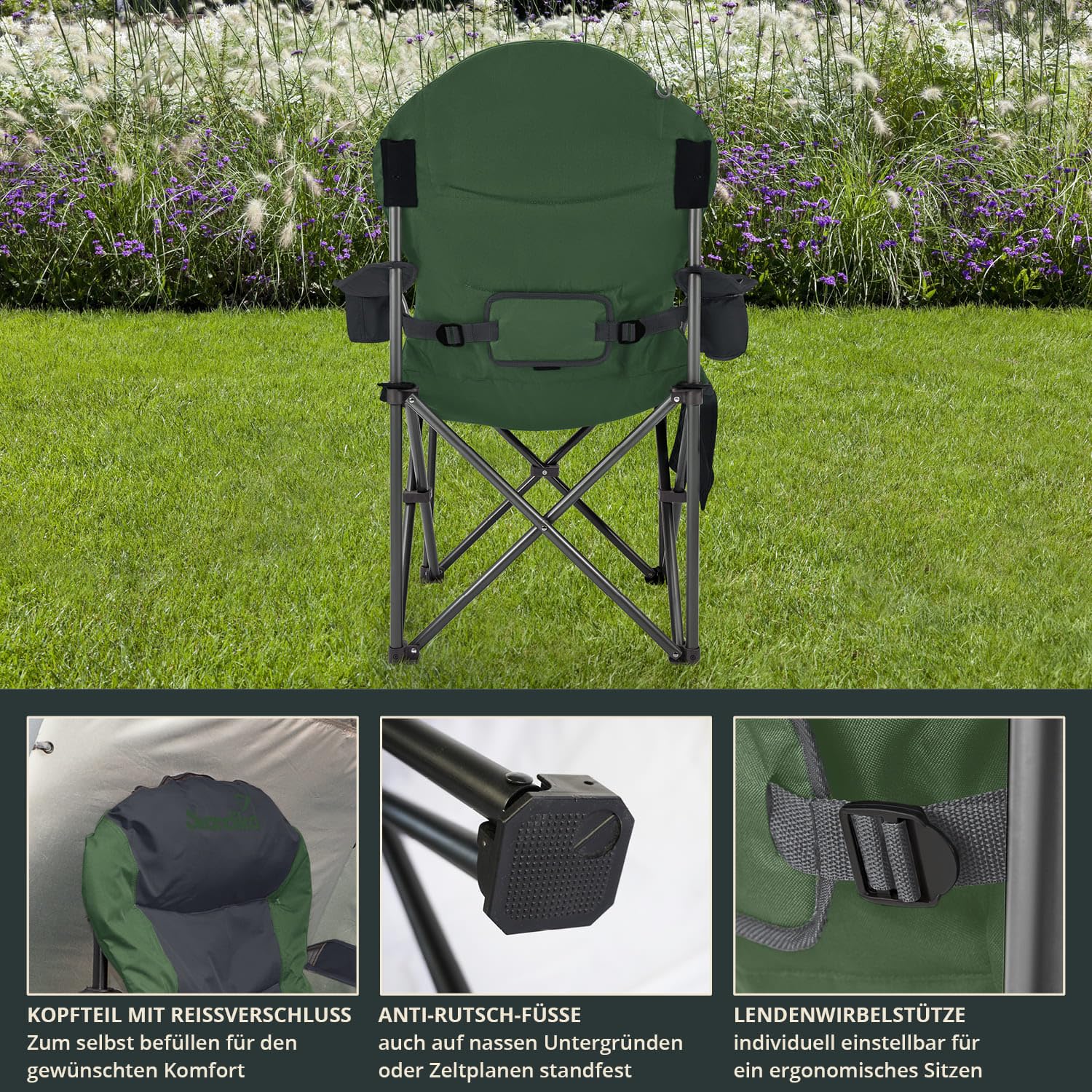 Skandika Campingstuhl Relax Comfort | Bequemer Klappstuhl mit Getränkehalter und Kühlfach, bis max. 160 kg, klappbar, leicht | Faltstuhl für Camping, Zelten, Festival, Angeln