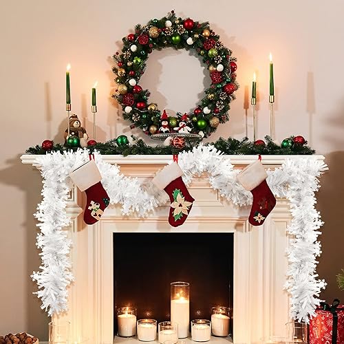Miniatura 3 de Dingion Guirnalda de oropel de Navidad de 50 pies, guirnalda metálica blanca de oropel artificial para árbol de Navidad, chimenea, hogar, boda,