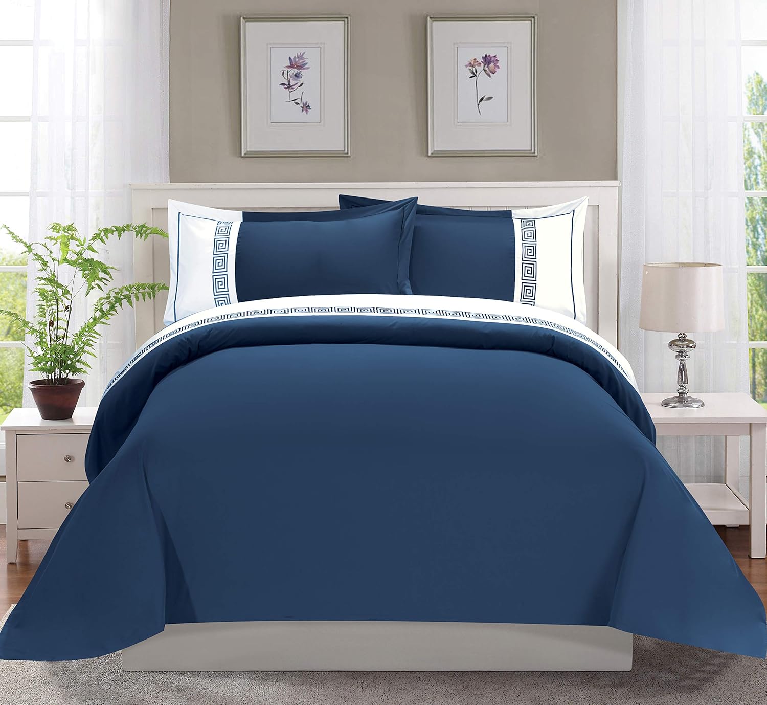 Elegant Comfort Luxurious Hotel Collection Super-Soft 1500 Thread Count Egyptian Quality 2-Piece Greek Pattern Duvet Cover Set, Twin/Twin XL, Navy Blue