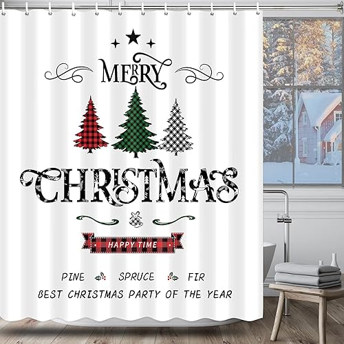 Miniatura 2 de Cortina de ducha con diseño de cuadros de búfalo, cortina de ducha de árbol de Navidad, cortina de ducha de invierno para vacaciones, cortina de