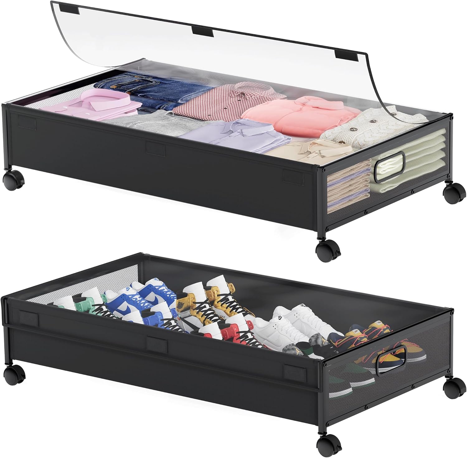 Black Fabric Under Bed Storage Containers with Clear PVC Lids