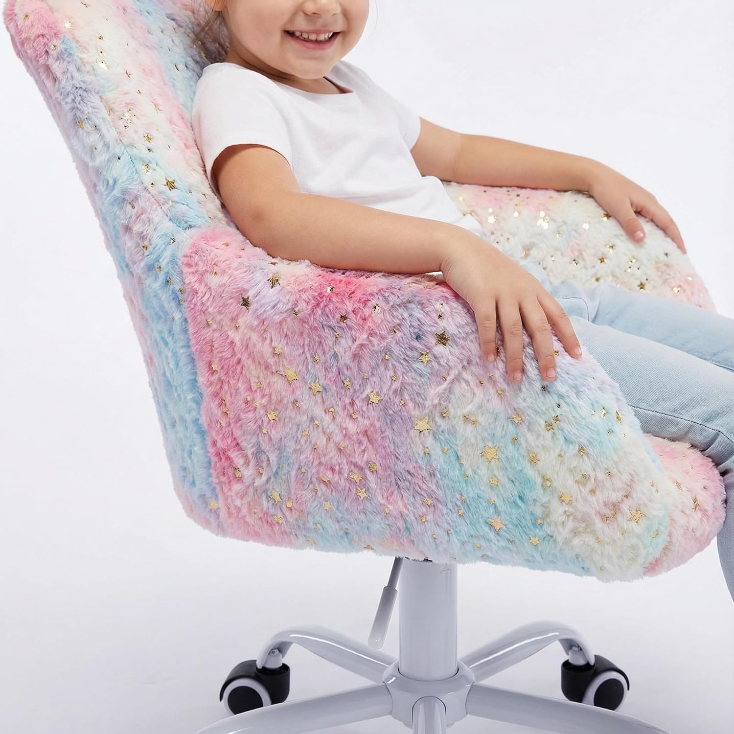 DUOMAY Kids Desk Chair, Faux Fur Colorful Upholstered Computer Chair for Boys and Girls, Cute Study Swivel Height Adjustable Arm Chair for Child