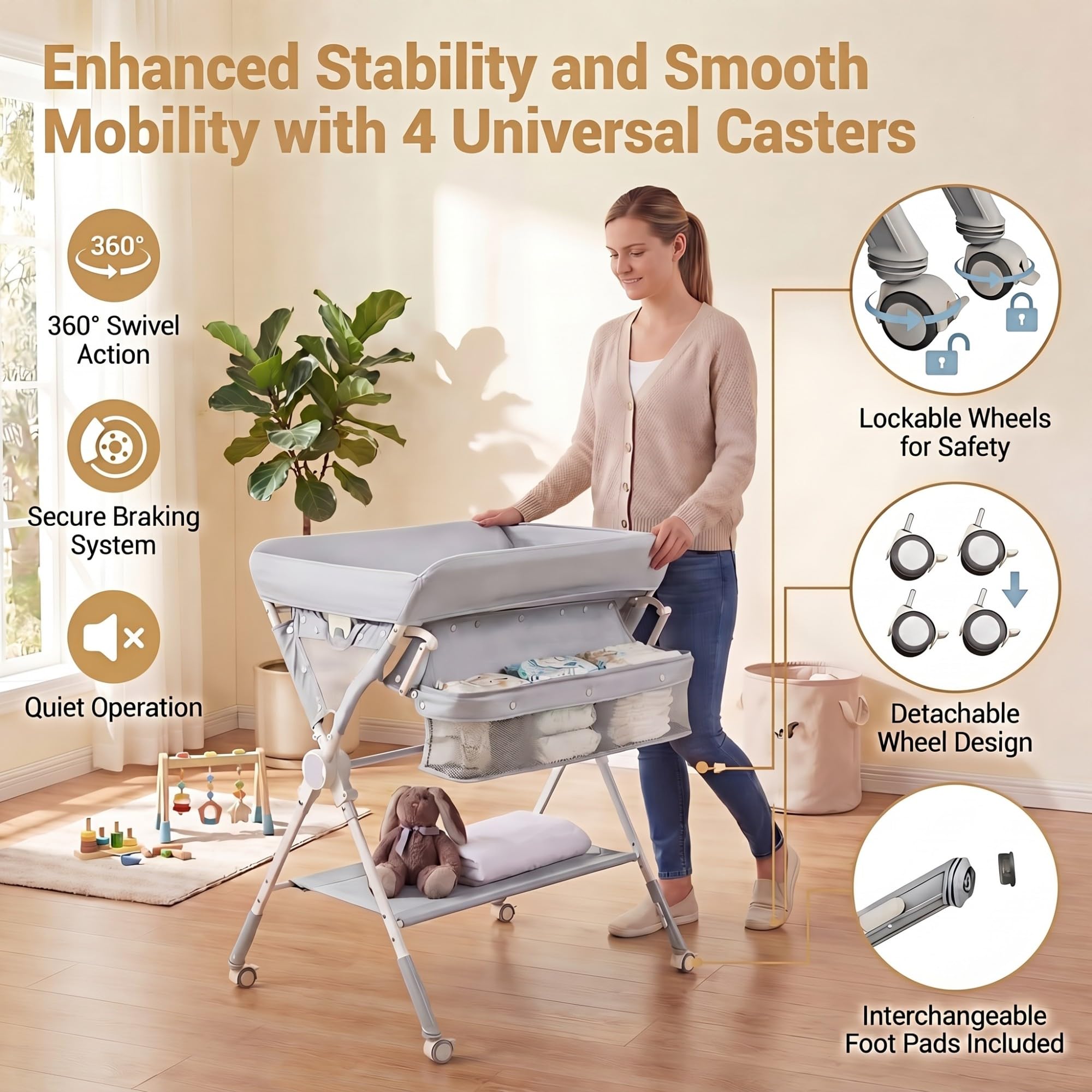 LIFEZEAL Table à Langer Pliante Réglable en Hauteur avec Rangements | Commode à Langer Portable pour Nouveau-nés et Nourrissons 0-12 Mois avec Roulettes Freinées, Arche de Jeux et Charge 25 KG