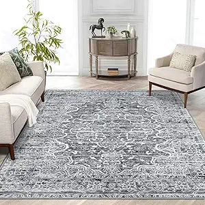 KUTA Vintage Area Rug 5x7 Grey White, Washable Rugs for Living Room Soft Non-Slip Printed Distressed Tribal Traditional Farmhouse Carpet for Bedroom Dining Room Dorm Office Home Decor