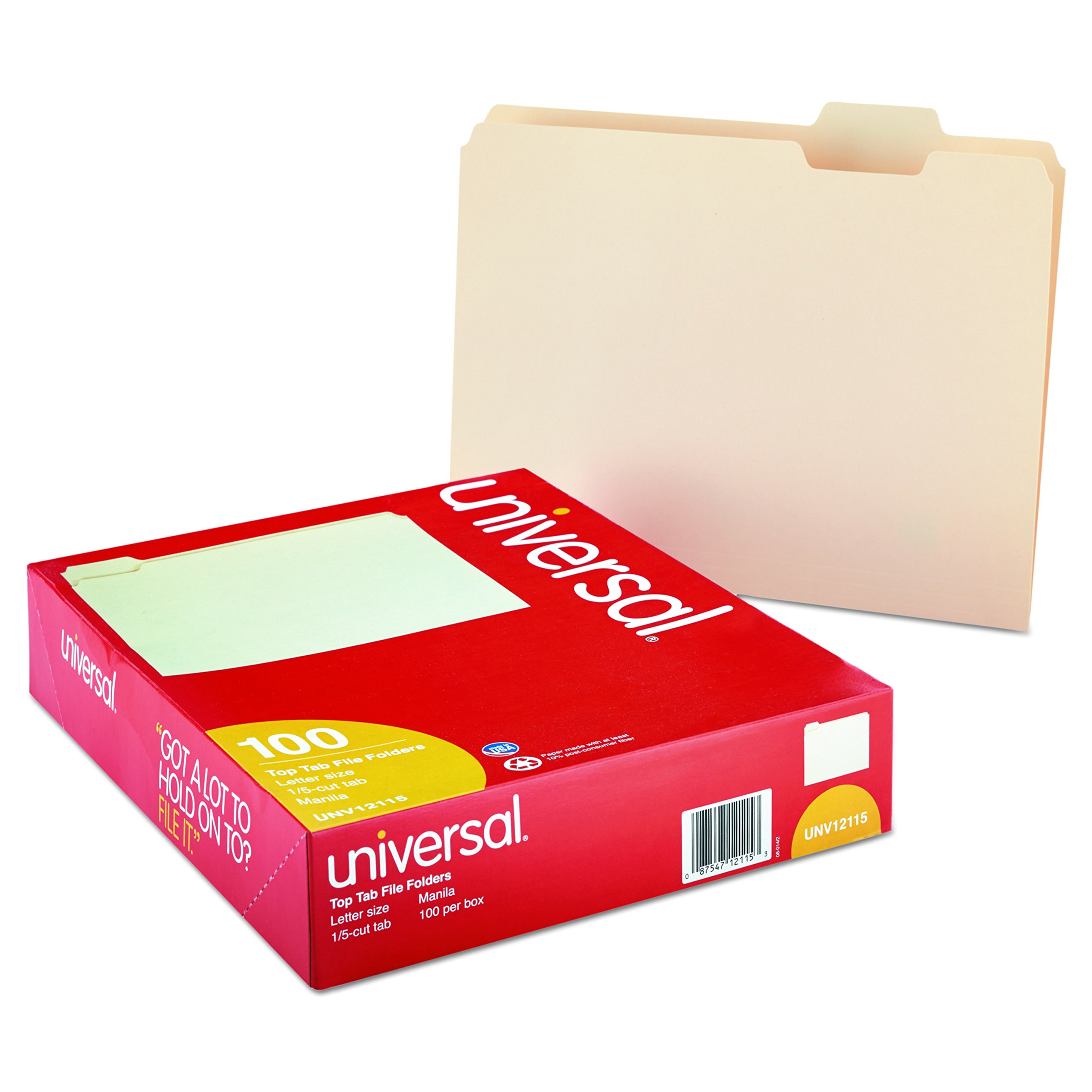 Universal UNV12115EE 1/5-Cut Assorted Top Tab File Folders - Letter Size, Manila (100/Box)