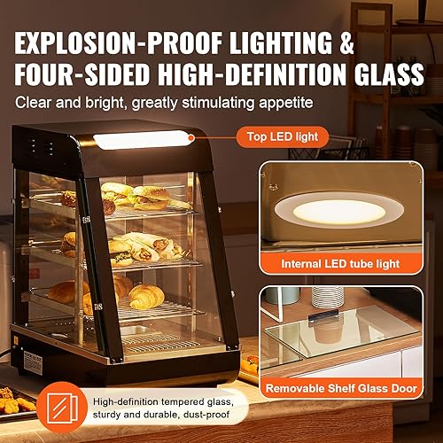 Miniatura 5 de VEVOR calentador comercial de alimentos de 3 niveles, calentador de exhibición de alimentos de 1000 W con luz, estante ajustable y pantalla de
