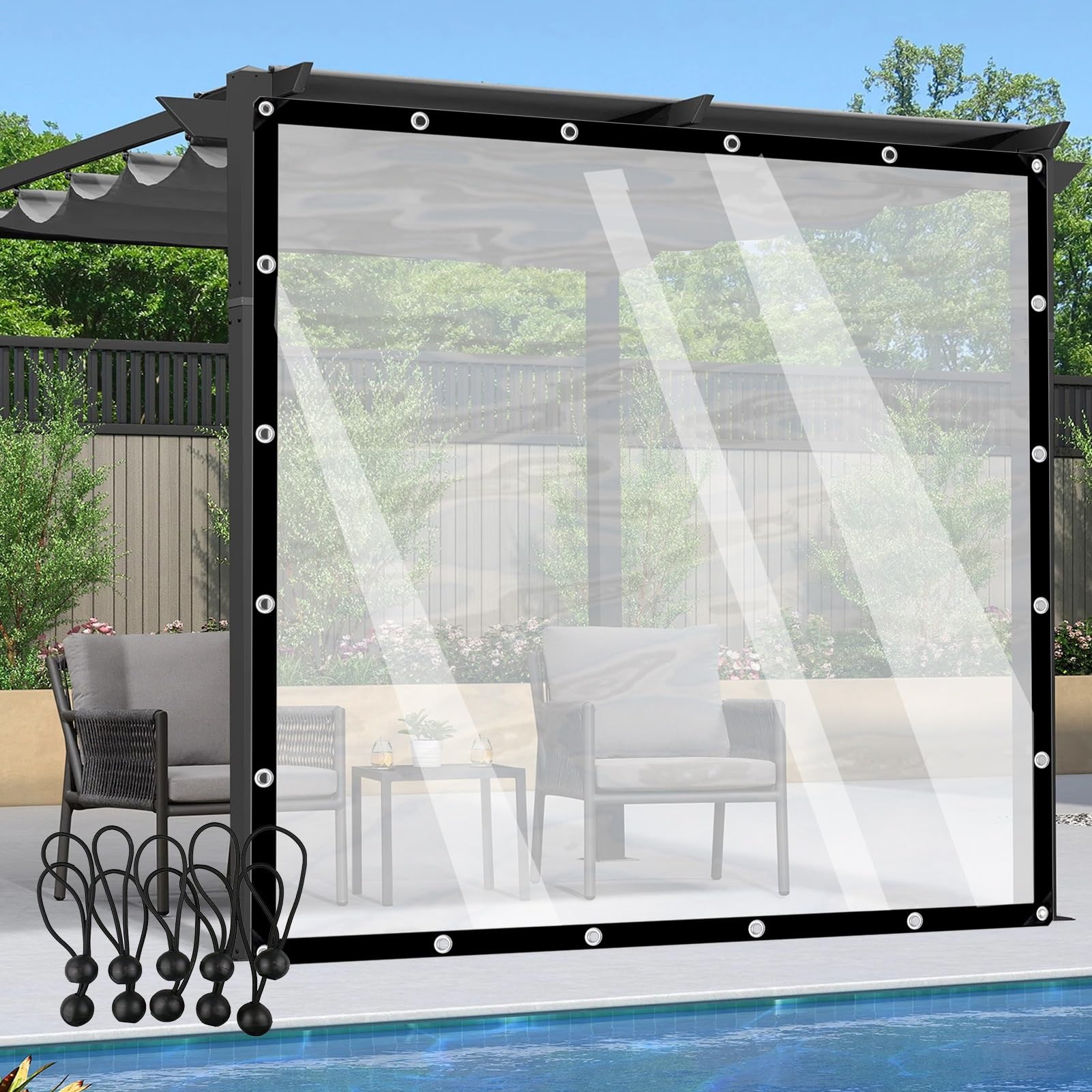 Rideaux d'extérieur pour pergola en plastique imperméable transparent 3x4m doté d'œillets solides