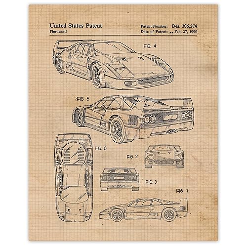 Vintage F40 Automobile Patent Prints, 1 (11x14) Unframed Photos, Wall Art Decor Gift for Home Ferrari Office Machine Gears Garage Shop School