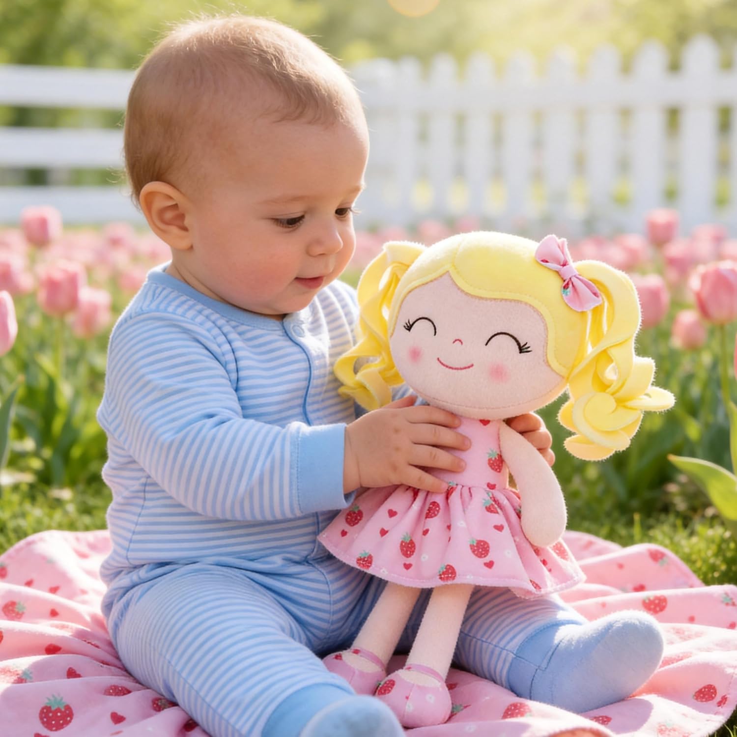 Gloveleya Baby Dolls Soft Snuggly First Baby Girl Gifts Soft Doll for Girls with Strawberry Printed Dress 12inches Fruit Series