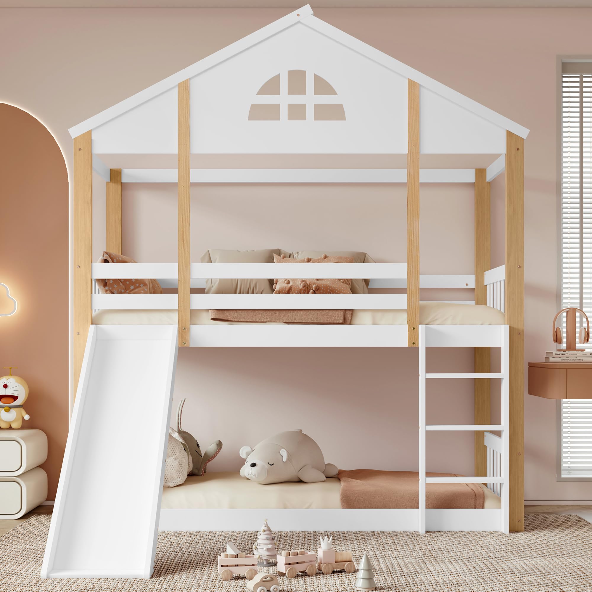 Dolamaní Hoogslaper met glijbaan, stapelbed 90 x 200 cm met ramen en ladder, kinderbed, huisbed met hekken en valbescherming, bedframe van massief hout (90 x 200 cm, huisvorm glijbaan