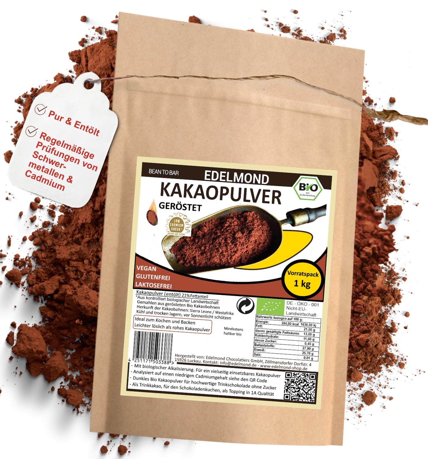 Bio 100 % geröstetes Kakaopulver – 1000 g | Extra dunkles Backkakao-Pulver aus Edelbohnen | Ohne Zucker | Cadmiumgeprüft | Vegan & Aromatisch | Premiumqualität für Trinkschokolade & Gebäck