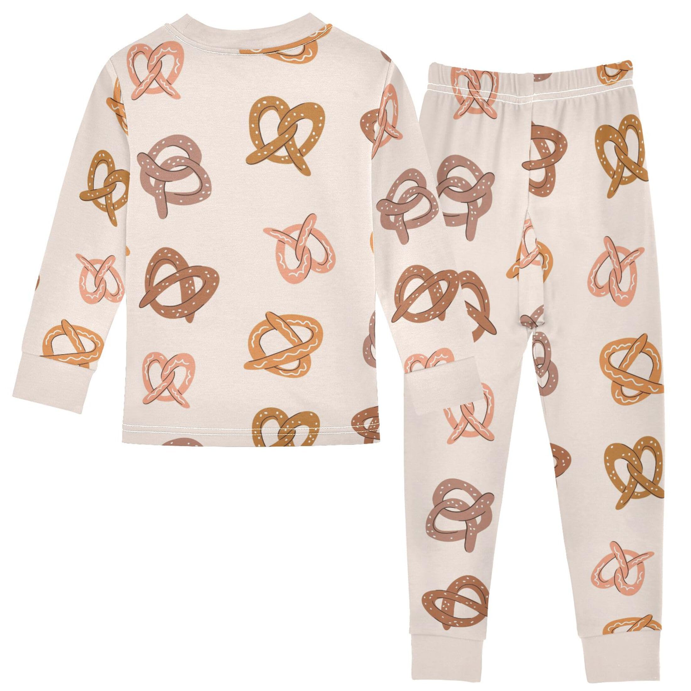 Vozoza Cute Pretzel Beige Pajama Sets Long Sleeve Top with Pants Cotton Soft Sleepwear 2 Piece Pjs Set Size 4T