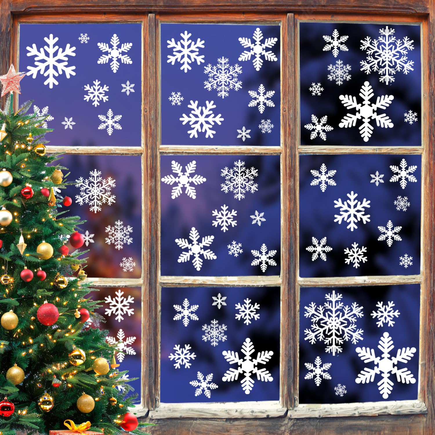 144 Stück Weihnachts-Schneeflocken-Fensteraufkleber, Weihnachts-Fensterdekorationen, Weihnachtsaufkleber, Dekoration für Glas, Innenurlaub, Winter-Schneeflocken-Aufkleber für Zuhause, Party