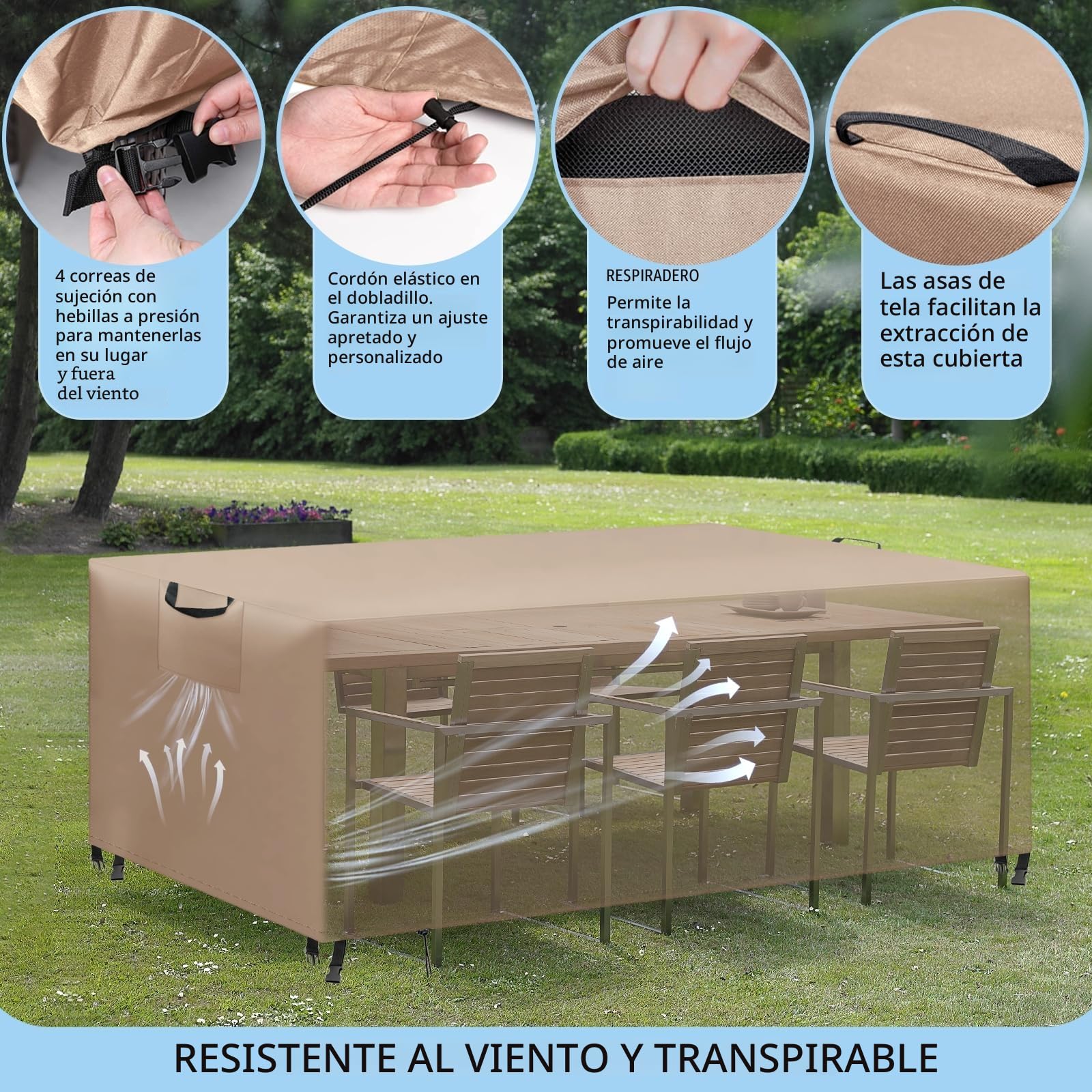 Funda para Muebles de Jardín Exterior, Funda Mesa Exterior Impermeable, Tela Oxford 420D, Anti Viento, Anti UV Funda Protectora Mesa Exterior con Salidas de Aire,Caqui, 200x100x75 cm