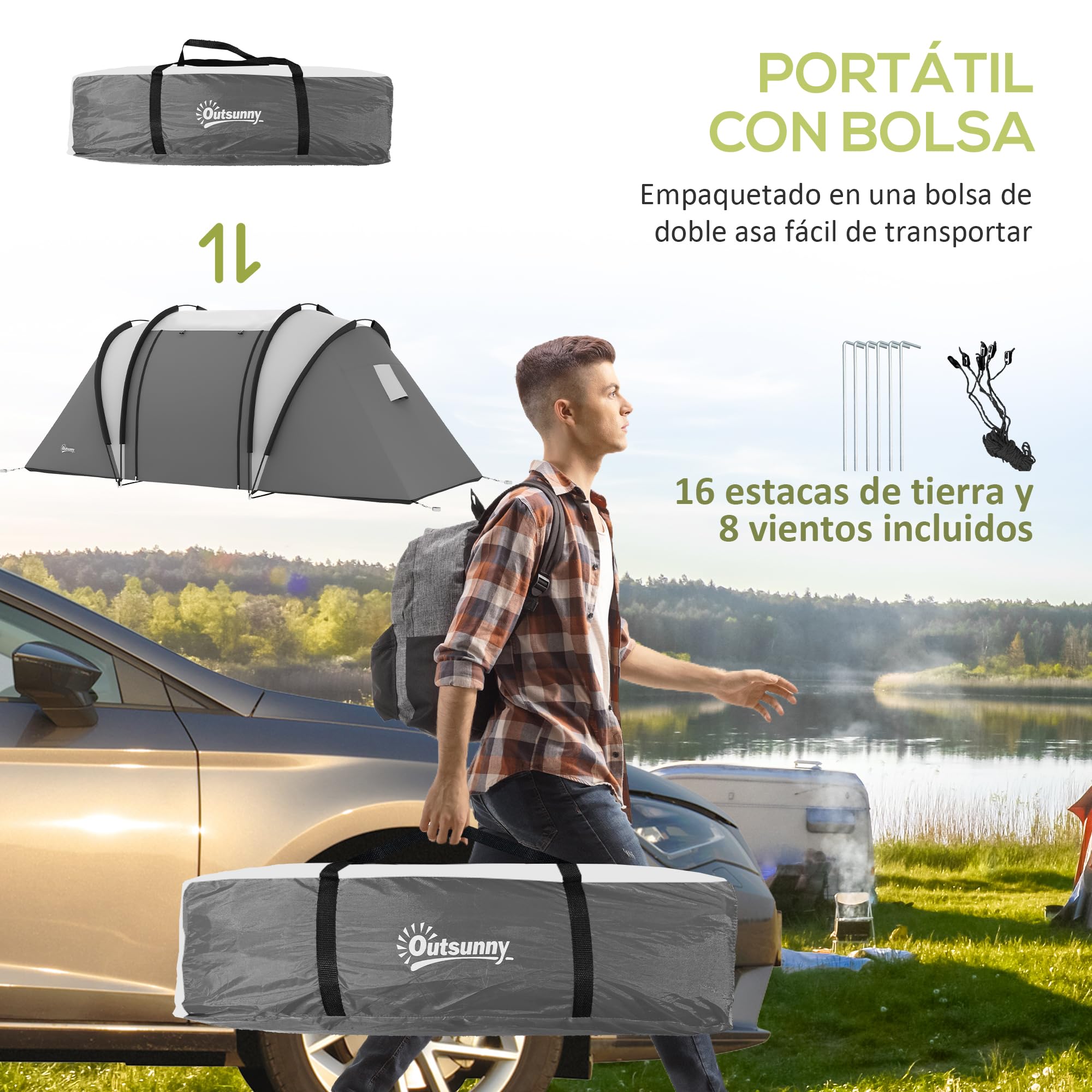 Outsunny Tenda da campeggio per famiglia per 4-5 persone, tenda da campeggio a tunnel impermeabile 3000 mm con 2 camere da letto, borsa da trasporto e gancio per pesca escursionismo