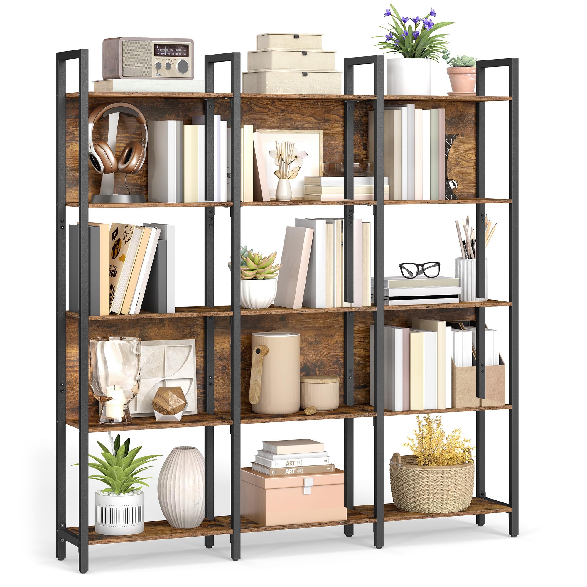 Tribesigns Boekenplank met 5 niveaus, industriële staande plank, ladderplank, opbergrek met stalen frame, boekenkast, eenvoudige montage, rustiek bruin Tribesigns Boekenplank met 5 niveaus, industriële staande plank, ladderplank, opbergrek met stalen frame, boekenkast, eenvoudige montage, rustiek bruin