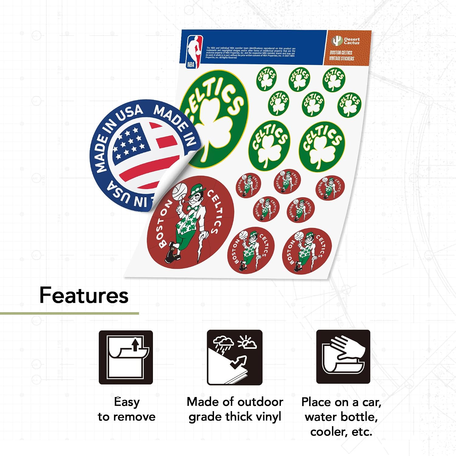 Desert Cactus Boston Celtics Sticker NBA Officially Licensed Vinyl Decal Laptop Water Bottle Car Scrapbook (Vintage Sheet)