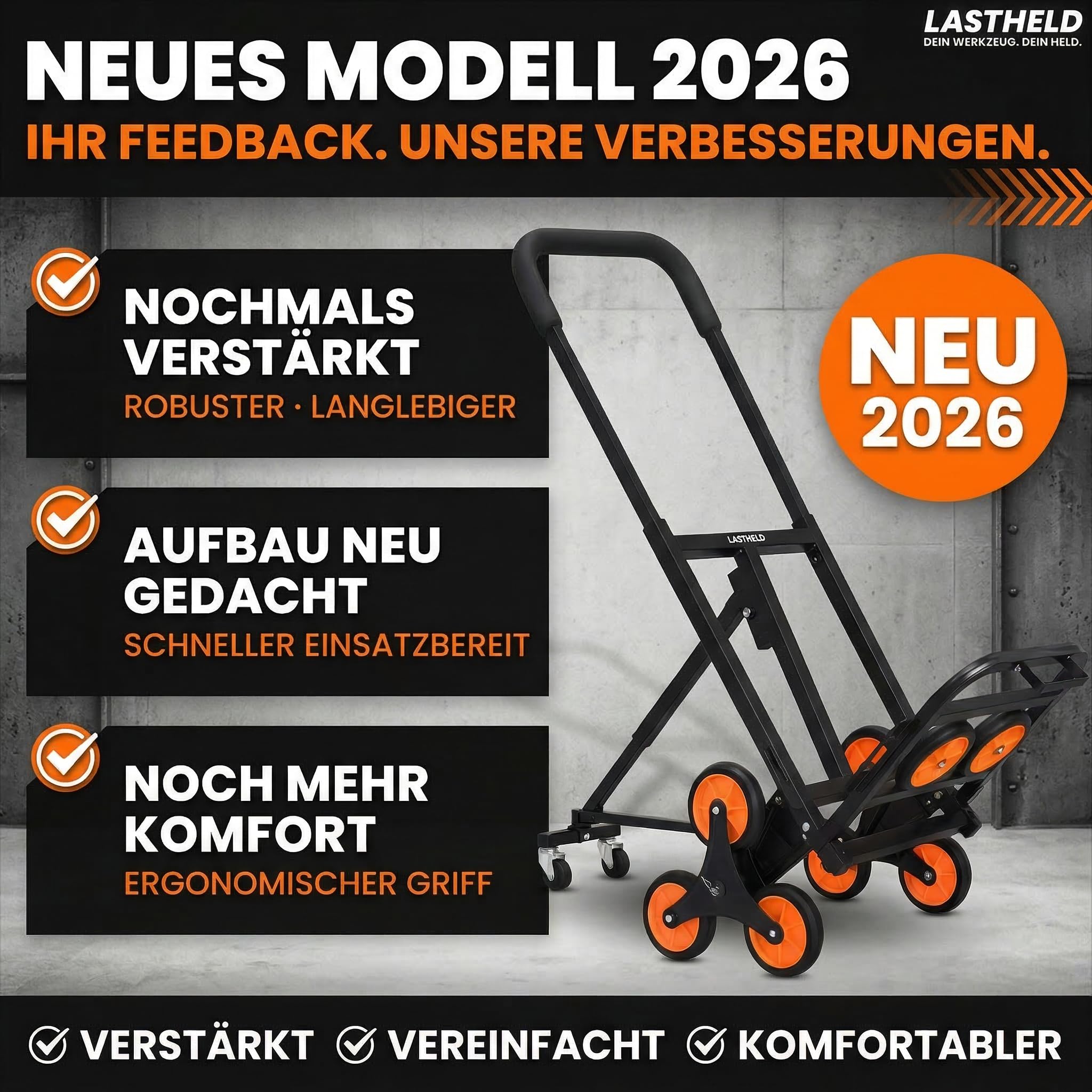 LASTHELD Sackkarre klappbar Treppensteiger | Treppensackkarre Transportkarre 2-in-1 | Treppenkarre Transportwagen Sackrodel Stapelkarre Treppenwagen faltbar | Stahl 150 kg