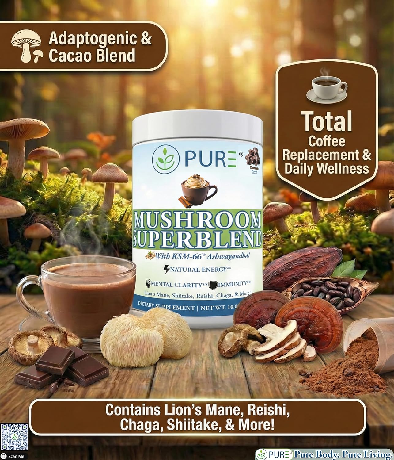 PURE® Mushroom Superblend - 30 Servings - 2000mg Lion’s Mane with KSM-66® Ashwagandha & Organic Cacao - Caffeine-Free Focus, Memory & Stress Relief Morning Ritual - Made in USA - Image 2